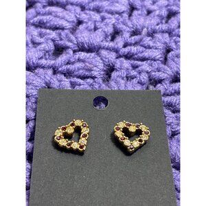 Vintage Avon Red and Clear Rhinestone Heart Stud Earrings Goldtone 5/8 inch